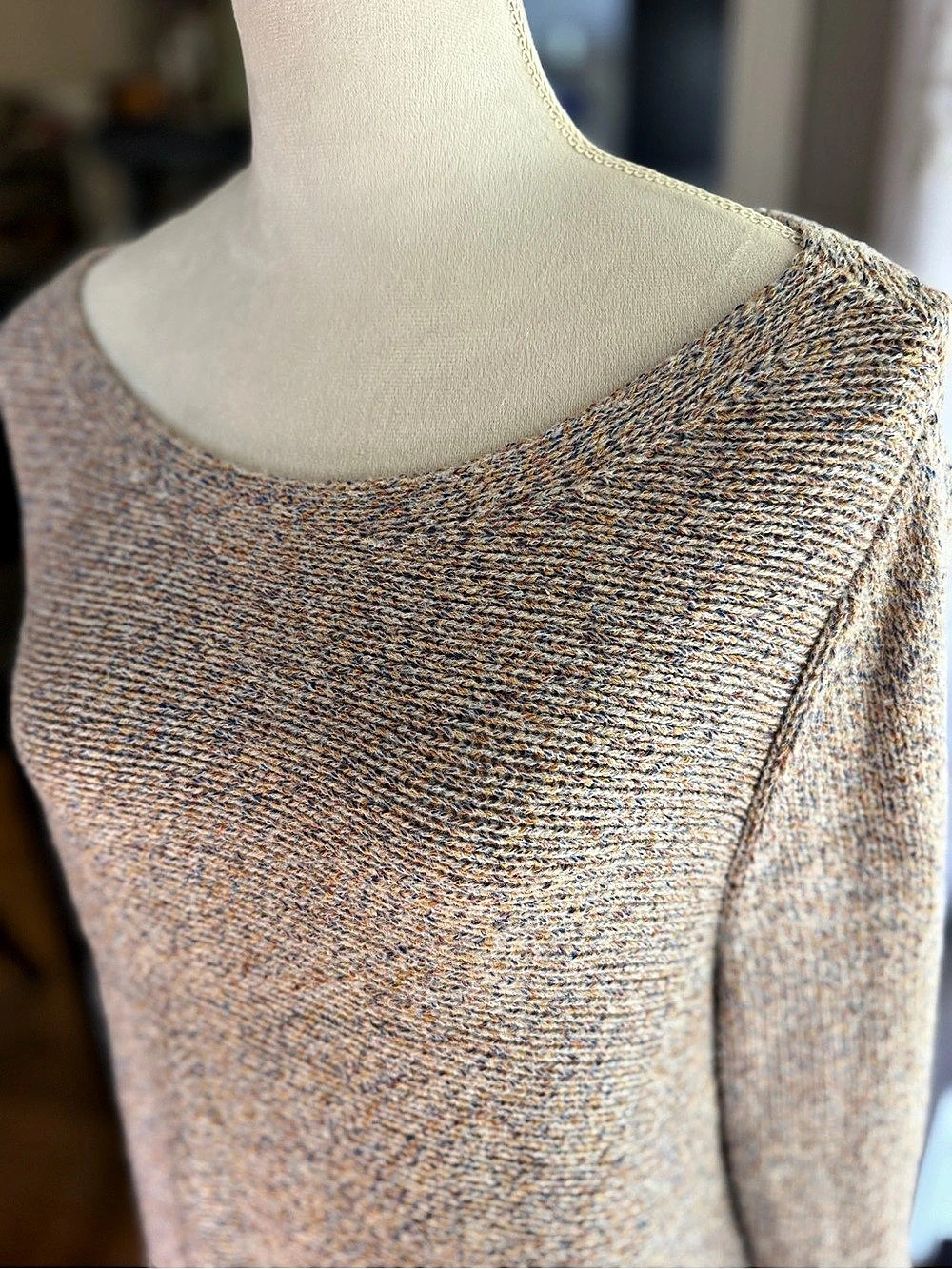 Eileen Fisher Wool Knit Sweater in Beige & Blue Size Large Fringe Hem Boatneck